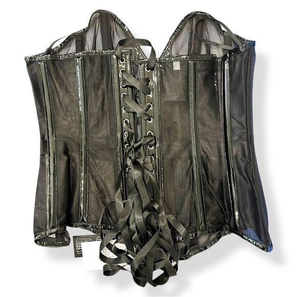 Daisy Corsets Black Corset Mesh Patent Steel Boned Laced Back Busk Front 2XL NWT - Picture 5 of 10